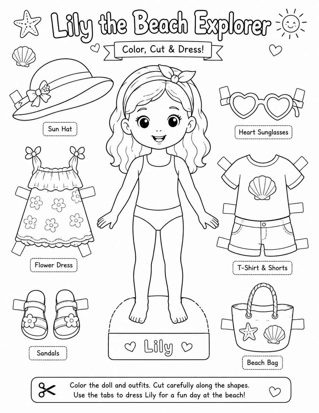 Lily the Beach Explorer — Uncolored Line Art